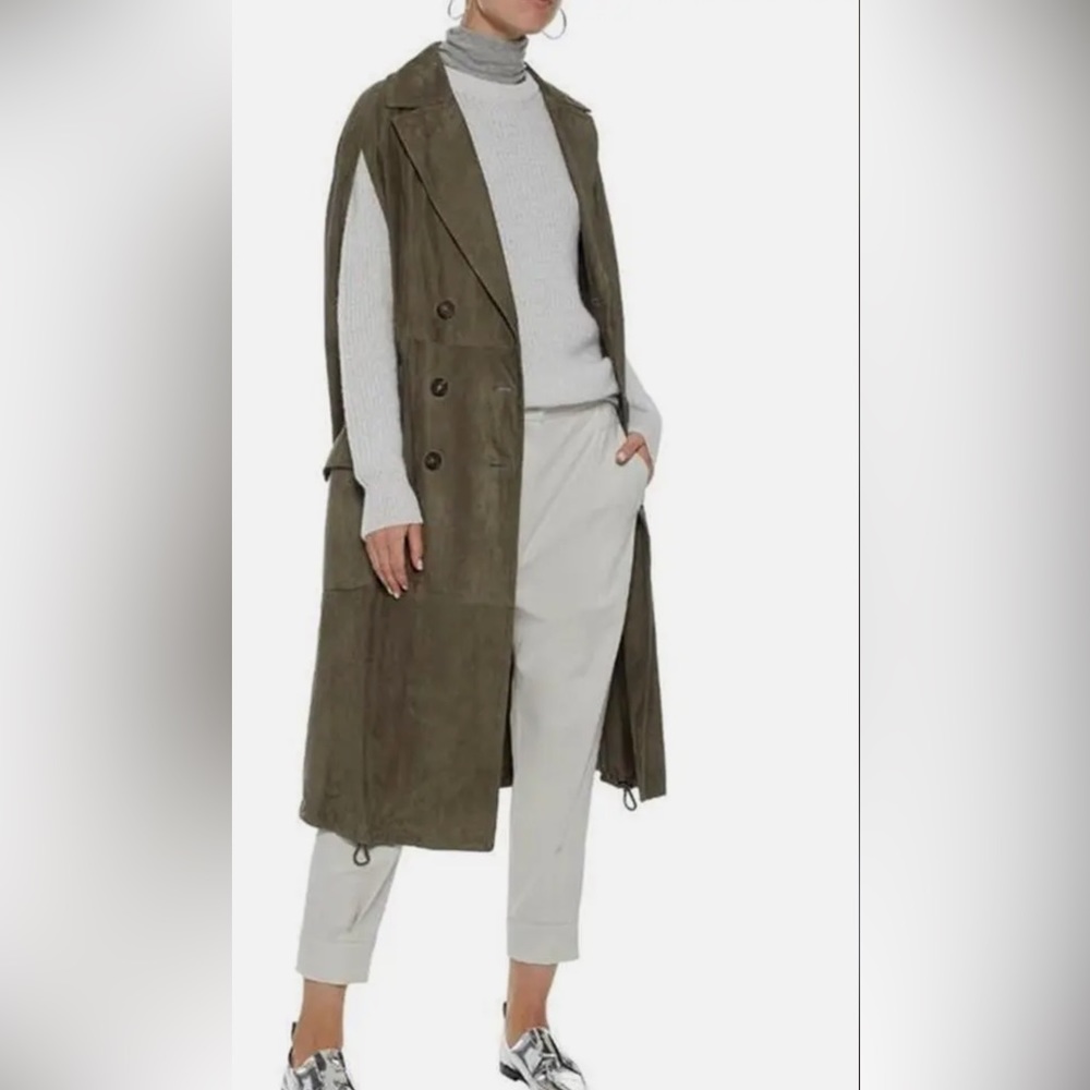 $9459 NWT BRUNELLO CUCINELLI Suede  Army Green Coat Jacket Vest oversize sz 8 14